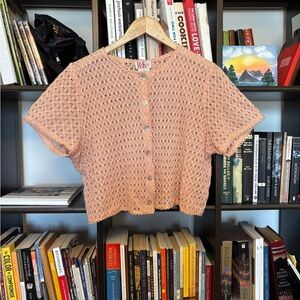 Vintage 90s R&K Women's Pink Crochet Lace Cardigan Size 14/L Y2K